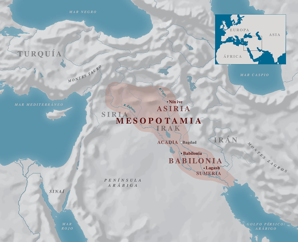 Map of Mesopatamia as the `Fertile Crescent` between the Tigris and Euphrates, spanning from the Mediterranean to the Persian Gulf